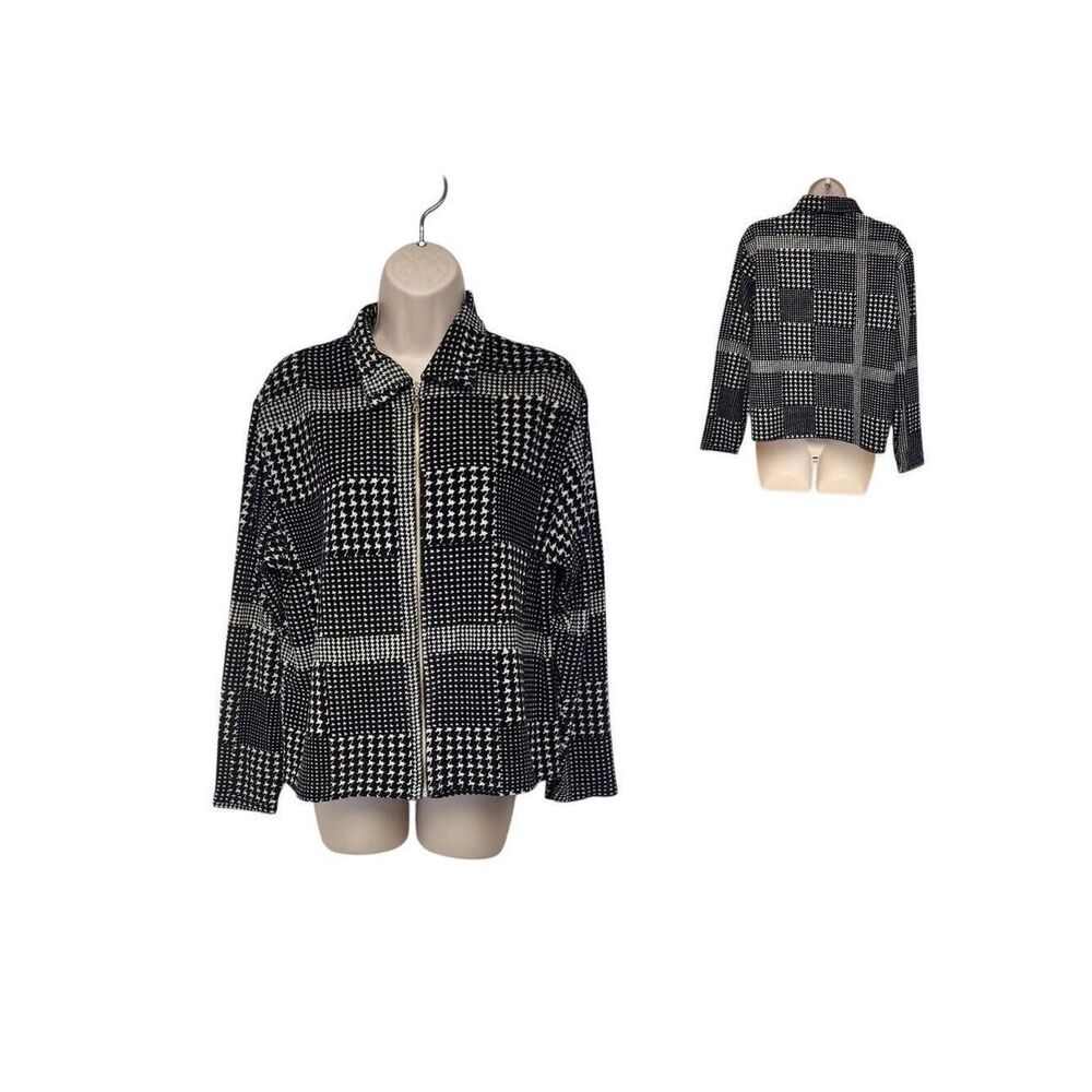 Jason Women’s Black SOFT Houndstooth Full Zip Long Sleeve Sweater Jacket Size M